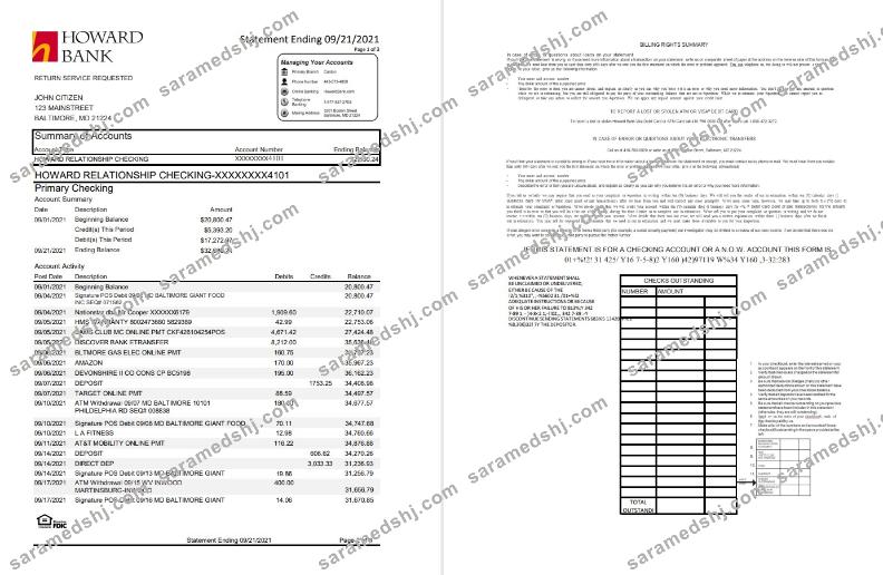 USA Maryland Howard Personal bank statement template, Excel and PDF format (.xls and .pdf) (4 pages)